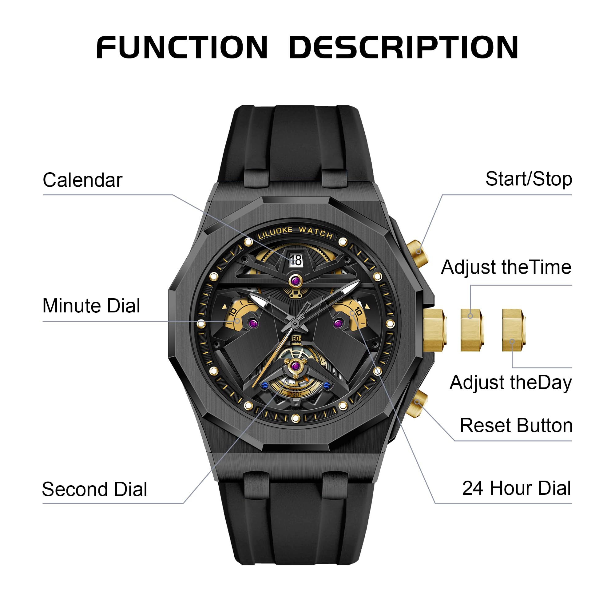 LILUOKE Mens Watches, Wrist Watches Luminous Design, Big Face Fashion Quartz Black Watch 30ATM, Casual Watch for Men Unique Gifts for Men