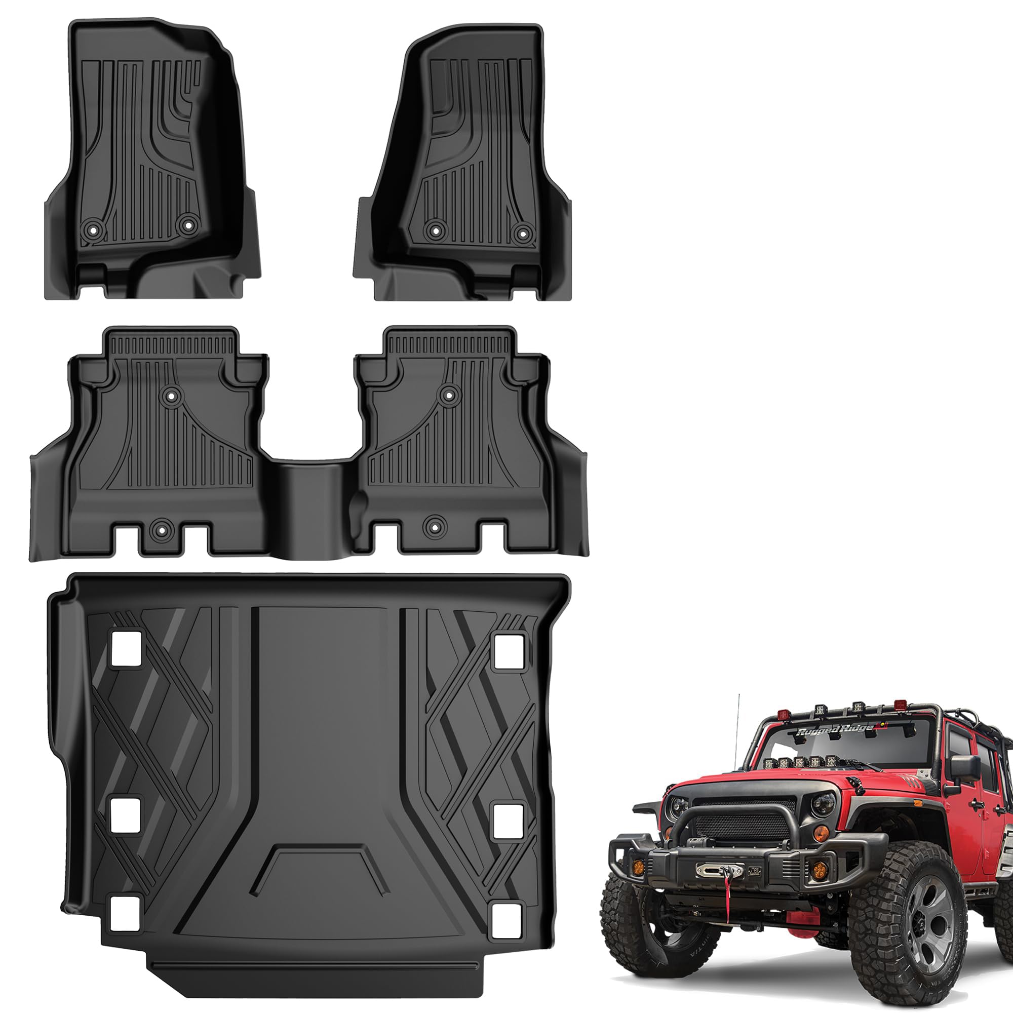 Photo 1 of ***FACTORY SEALED***Floor Mats & Cargo Liner Fit for Jeep Wrangler JL 2018-2025 2026 4 Door Gas Only Sahara Rubicon with Subwoofer (Non JK/4XE/Hybrid) All-Weather Mats for 1st, 2nd Row and Trunk Full Set Car Floor Liners