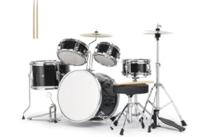 Ktaxon 5-Piece Complete Junior Drums Set, 14 Inch Beginners Drum Kit with Throne Stool, Pedal & Drumsticks, Drums Musical Instruments W/Cymbal, Hi-Hat, Floor, Tom and Snare Drum (Black)