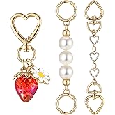 Landical 3pcs Cute Strawberry Keychain Pearl Bag Extender Chain and Heart Good Luck Extender Chain Purse Bag Charm for Women Car Keys Handbag Wallet