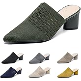 ZLNMLD Women’s Knit Mesh Chunky Heel Mules Closed Pointed Toe Backless Slip On Mid Block Heel Dress Slide Sandals Summer Breathable Daily Party Pumps
