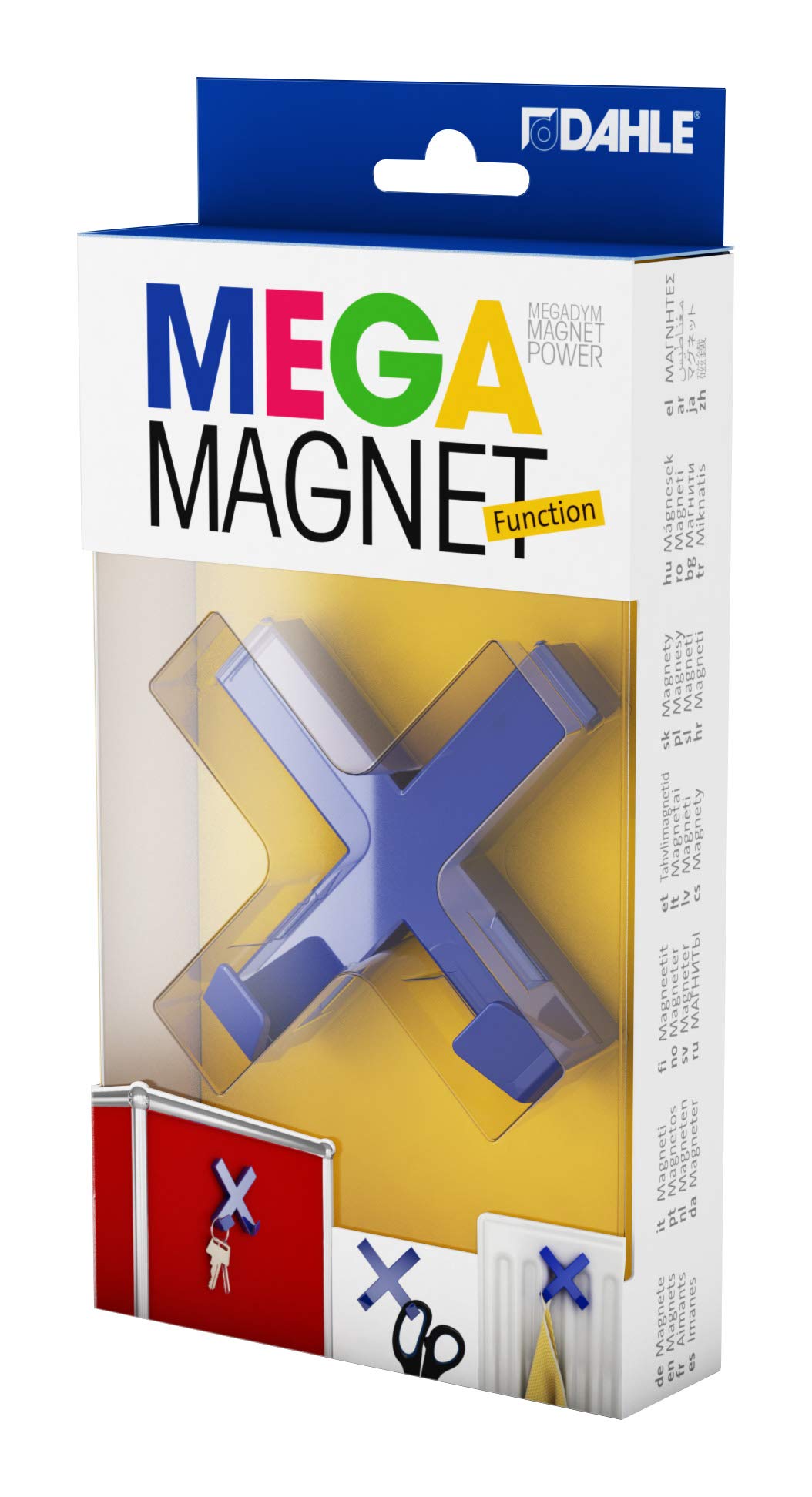 Dahle Mega Magnet Cross XL 70 x 70 mm with 2 Hooks for Hanging Items Blue