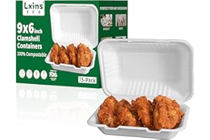 Lxins ECO 9x6 Inch Heavy Duty Clamshell Take Out Containers 【75 Pack】, Compostable Bagasse Food Boxes with Lids, Disposable To-Go Containers for Lunch, Salad, Meal Prep