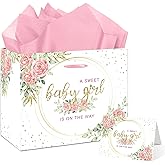 SUNDECO Large Baby Shower Girl Gift Bag with Tissue Paper and Greeting Card Pink baby in bloom Wrapping Paper for Baby Girl Gifts and Birthday Decor, Floral Gift Bag for Baby Party Decorations