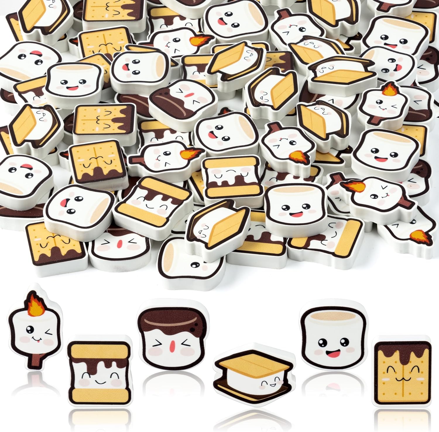 A1DIEE 60Pcs Marshmallow Mini Erasers Bulk Pencil Rubber Eraser for Students Campfire Camping Themed Classroom Rewards Filler School Classroom Prizes Gifts School Supplies Stationery Set