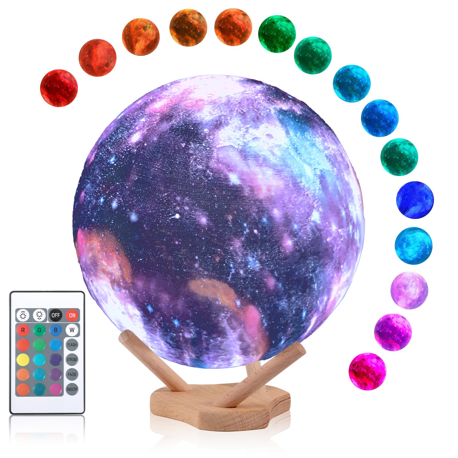 Photo 1 of PUKANA Moon Lamp Galaxy Lamp 7 Inch 16 Colors LED Night Light 3D Printing Moon Light Wooden Stand & Remote Control Touch Tap Controller for Girls Boys Kids Women Birthday