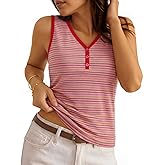 MEROKEETY Women's Summer Tank Tops 2026 Striped V Neck Sleeveless Casual Henley Shirts Colourful Button Cami Tee