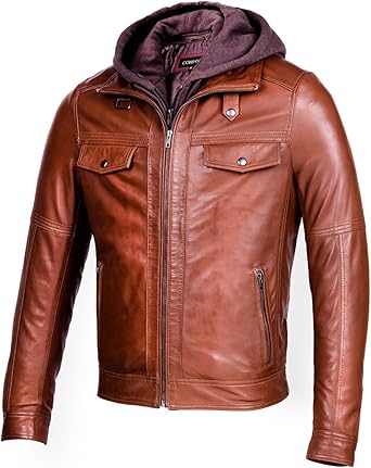 mens brown leather jacket with hood