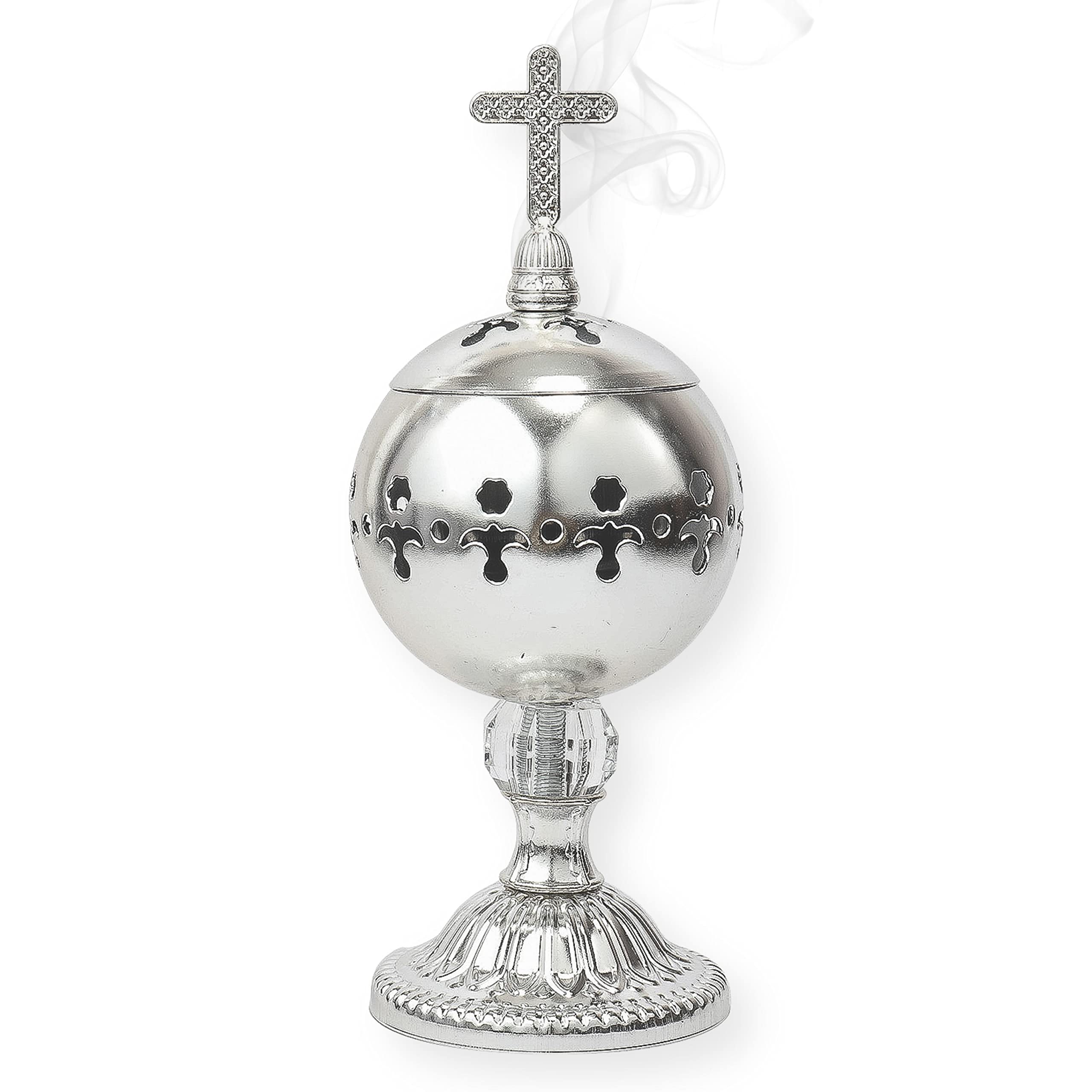 Nazareth Store Incense Burner Charcoal Polished Brass Silver Censer Christian Church Resin Incense Holder Incense Cones Cross 7.9" Aromatherapy Fragrance Ornament