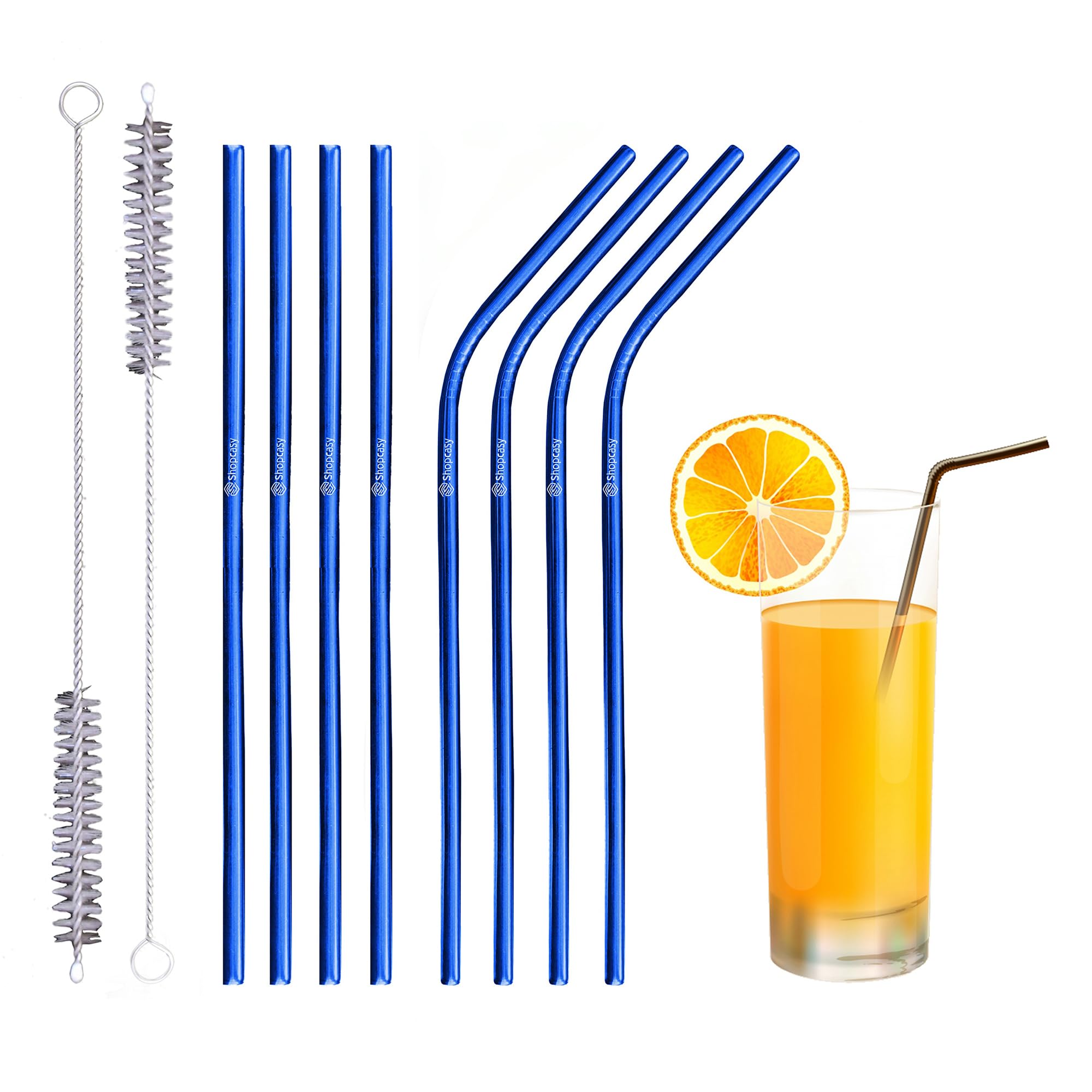Set of 10 Reusable Metal Straws Drinking, 216mm Eco-Friendly Stainless Steel Drinking Straws for Cocktail, Milkshake, Cold/Hot Drinks (4 Straight + 4 Bent + 2 Cleaners) BPA Free (Blue)