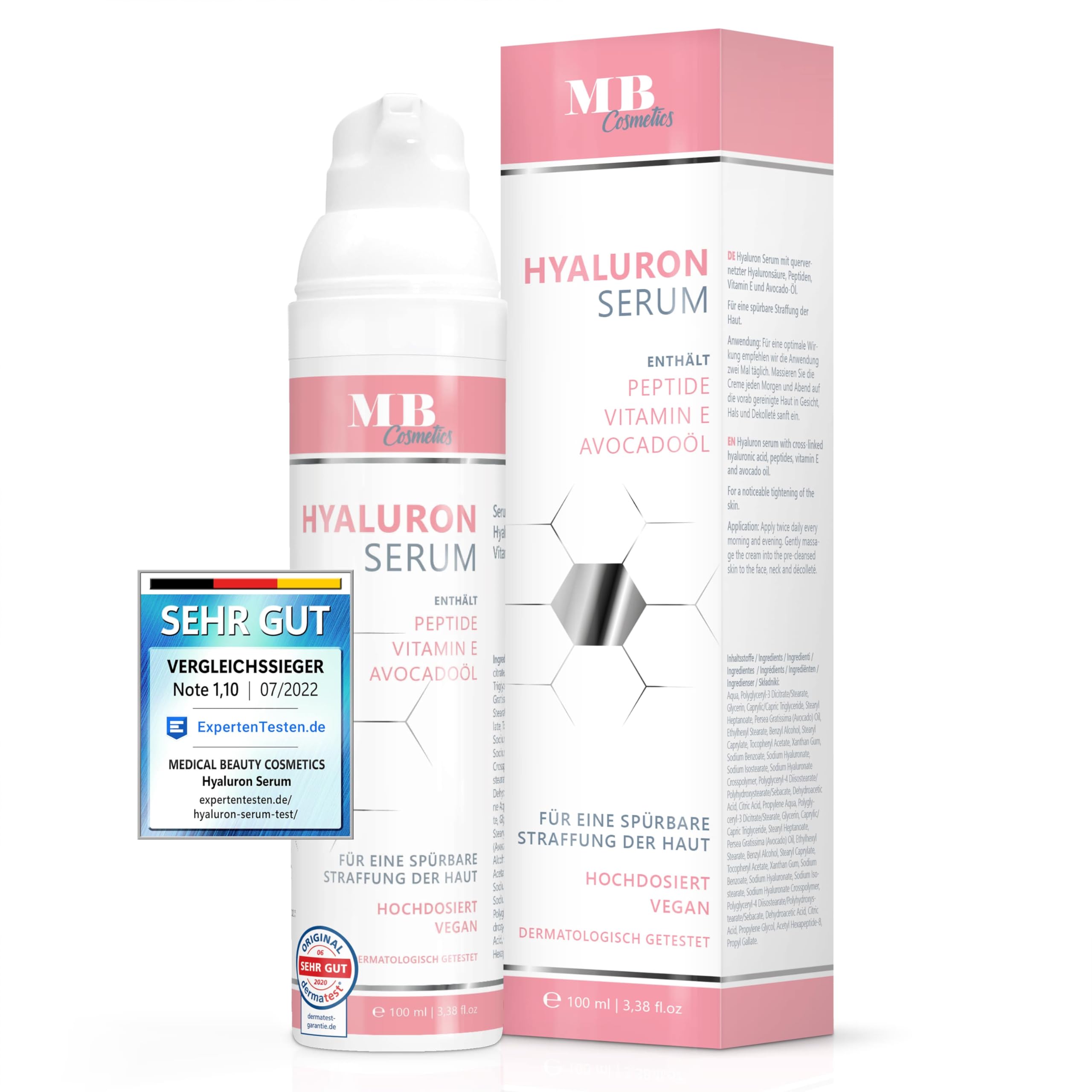 Hyaluron Serum hochdosiert 100ml - mit Anti Aging Booster Avocado-Ol, Peptiden und Vitamin E - vegane Anti-Falten Gesichtscreme für Augen, Hals und Dekollete mit quervernetzter Hyaluronsäure
