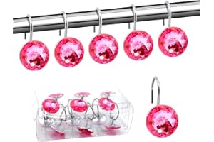 BEAVO Acrylic Fashion Decorative Home Rolling Shower Curtain Hooks Rhinestones Bathroom Bath Baby Room Bedroom Living Room Decor Set of 12 Rings (Pink)