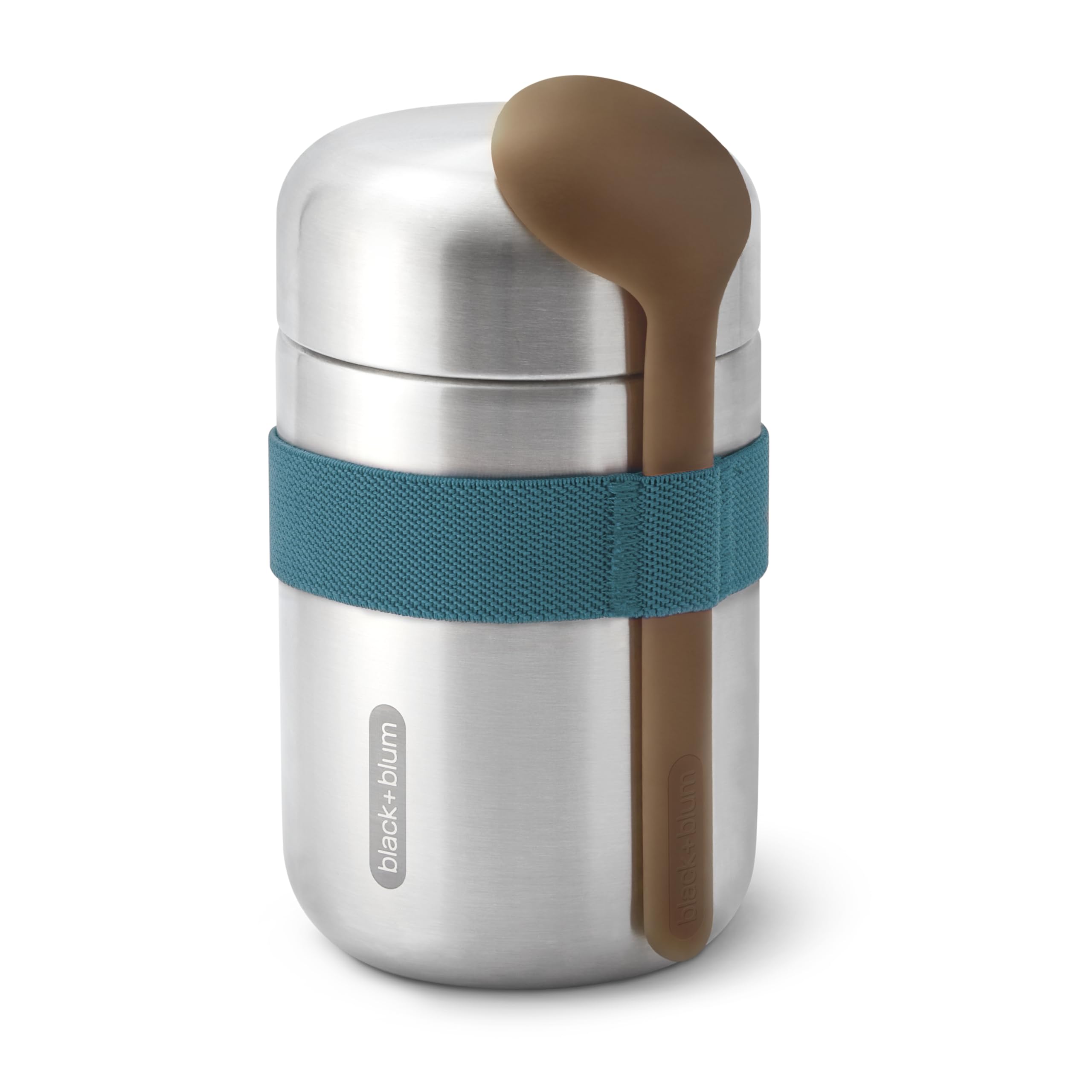 BLACK+BLUM - Food Flask - Vacuum Insulated 304 Stainless Steel Food Container with Leak Proof Lid, Nylon Strap and Natural Wood Fibre Spoon - Keeps Hot for 6 hrs, Cold for 8 hrs, Ocean Blue - 400ml