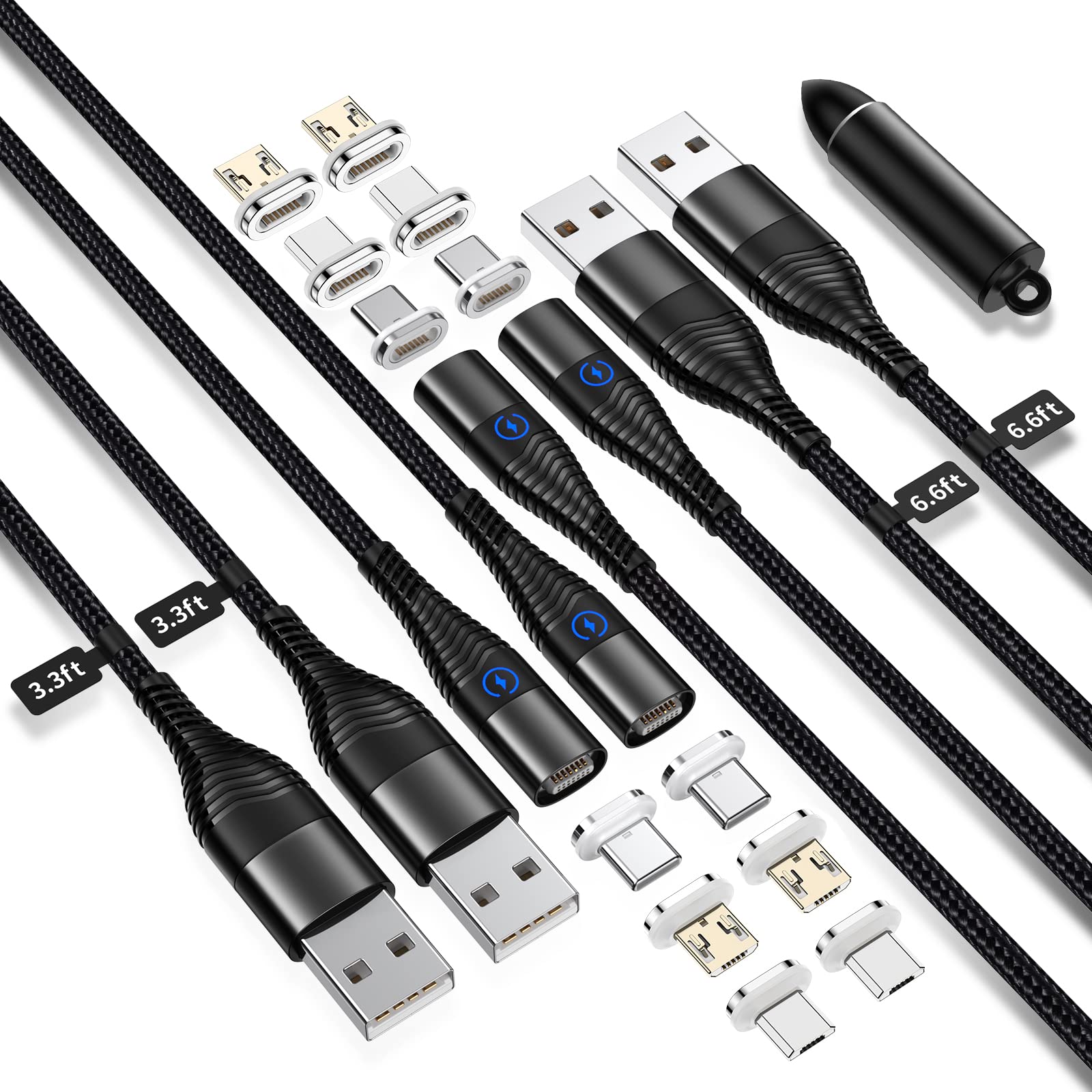 Photo 1 of YKZ 3 in 1 Magnetic Charging Cable 4Pack with a Tips Storage, 15W Fast Charger USB Cable with Type C/MicroUSB and i-Product Magnetic Connector Universal for Phone, Tablet (1M+2M)