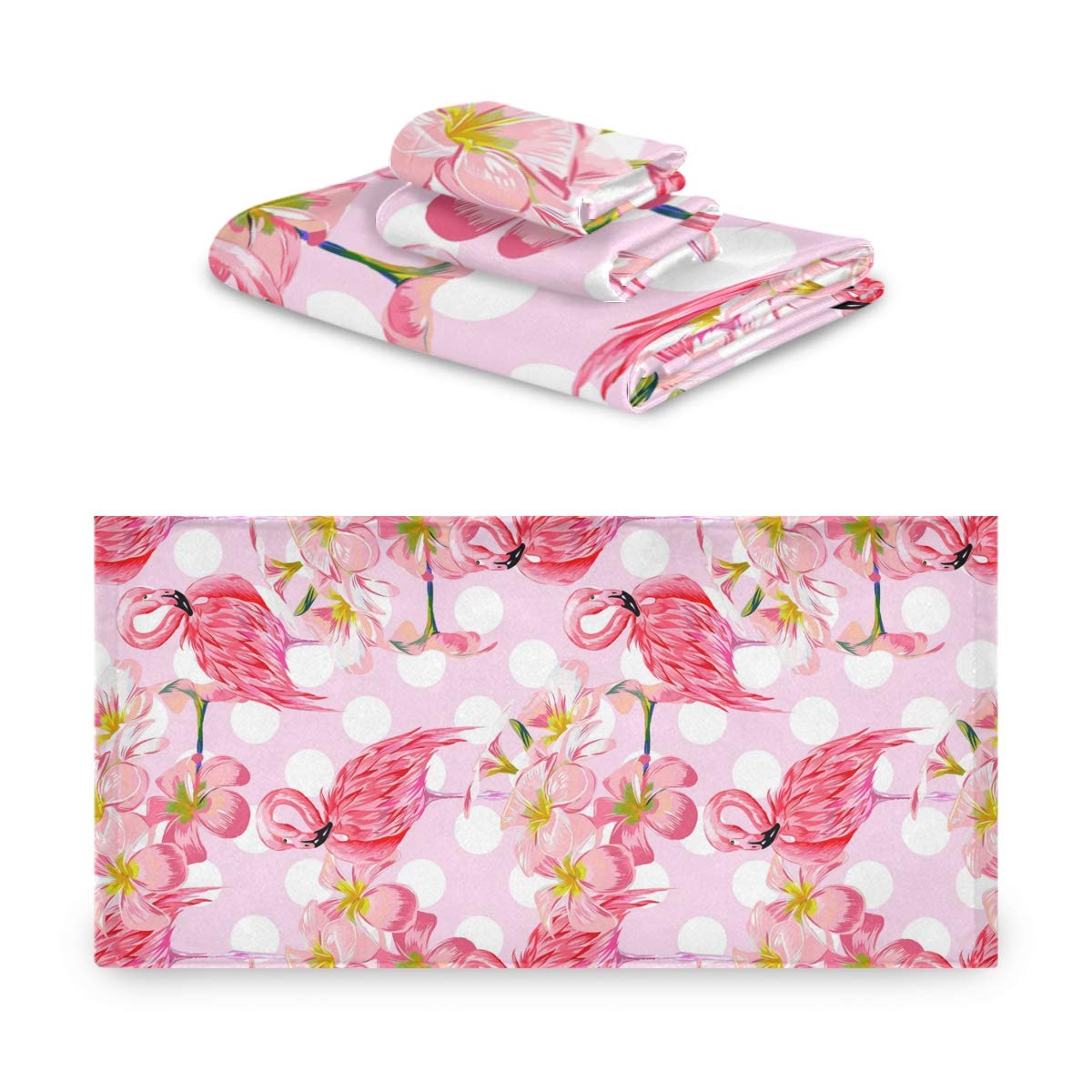 Mnsruu Pink Flamingos Flower Polka Dot Towel Set for Adult Children,Absorbent Bath Towels Hand Towels and Washcloths