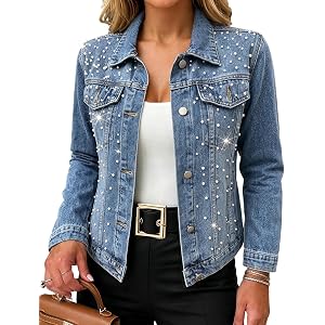 CHICME Women's Pearl Denim Jacket Rhinestone Button Up Jean Jacket | Long Sleeve Button Down Casual Denim Coat, Washed Jacket