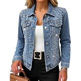 CHICME Womens Pearl Denim Jacket Rhinestone Button Up Jean Jacket | Denim Jacket For Women, Structured Denim, Pearl Rhineston