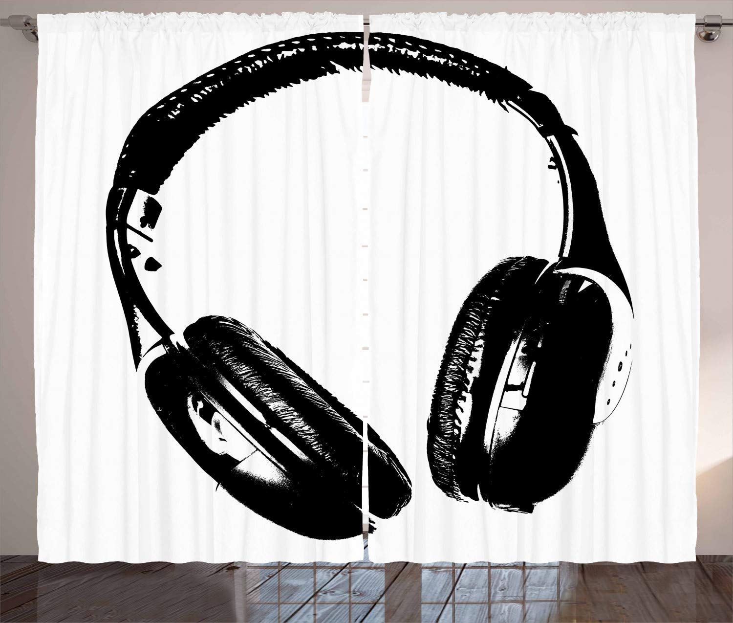 ABAKUHAUS Music Curtains, Grunge Headphones Realistic Illustration with Vintage Effect Lifestyle Youth Fun, Living Room Bedroom Window Drapes 2 Panel Set, 69 L X 110 W, Black Pale Grey — image 1