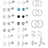 PLOMFOV 20G Stainless Steel Stud Earrings for Women Men CZ Heart Star Moon Flat Back Earrings Cartilage Earrings Stud Hoops Helix Tragus Daith Earrings Piercing Jewelry