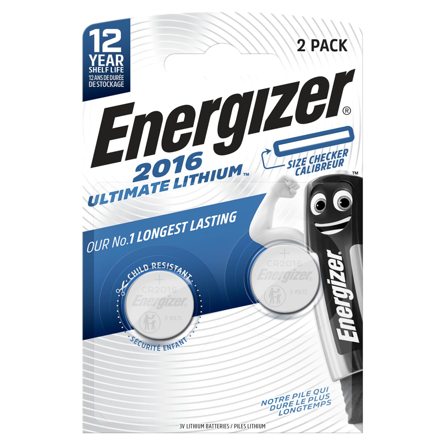 Energizer Ultimate Lithium - CR2016 Batteries (2 Pack) - 3V Battery Coin Cell - Car Key Fobs, Watches, Home/Medical/Fitness Devices - Child Resistant Packaging - 10 Year Shelf Life
