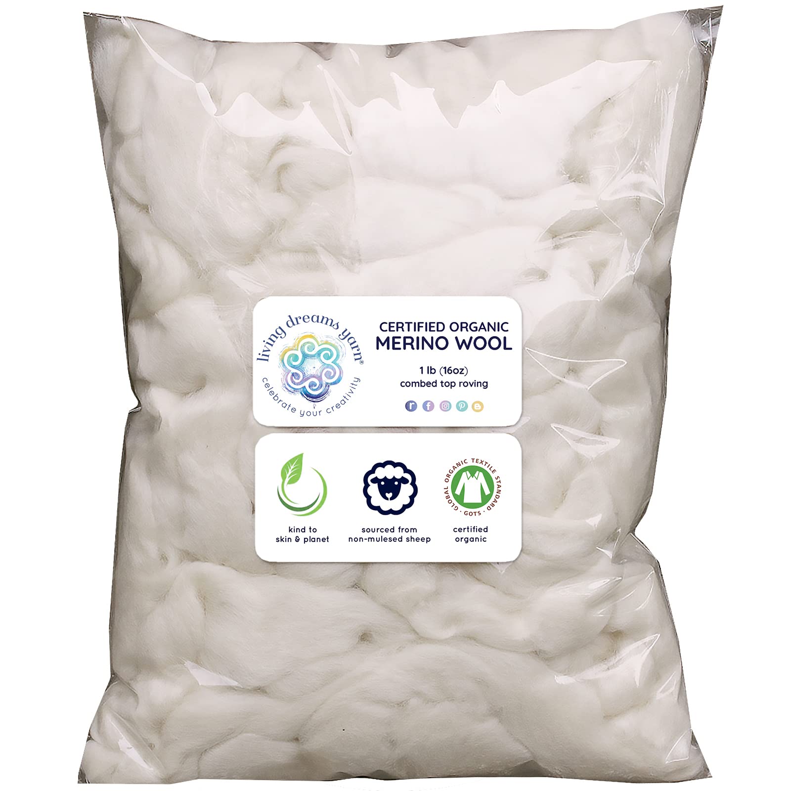 Certified Organic Merino Wool Roving. Ethically & Responsibly Sourced Fiber for Spinning, Felting, Filling and Dryer Balls - 1 LB Bag, Natural White Combed Top