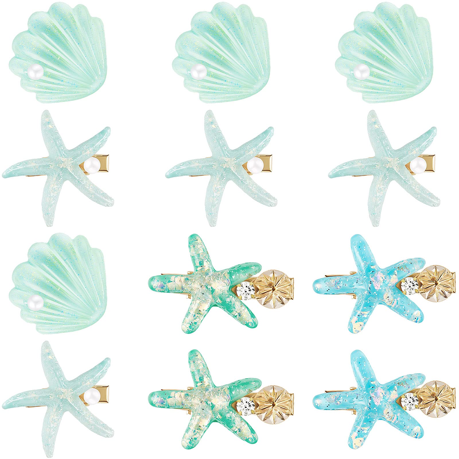 Photo 1 of WILLBOND 12 Pieces Artificial Shell Pearl Starfish Seashell Hair Clip Set Acrylic Resin Women Lady Hair Clip Headdress Hairstyle Tool Accessories Beach Wedding Supplies(Chic Blue)
