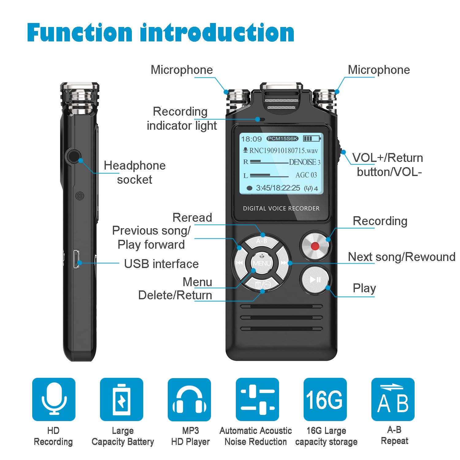 Digital Voice Recorder, HOMIEI 16 GB Voice Activate Recorder/ MP3 Player Rechargeable, HD Audio Recorder with Dual Intelligent Noise Reduction Microphones, for Meetings/Interviews/ Lectures/Class