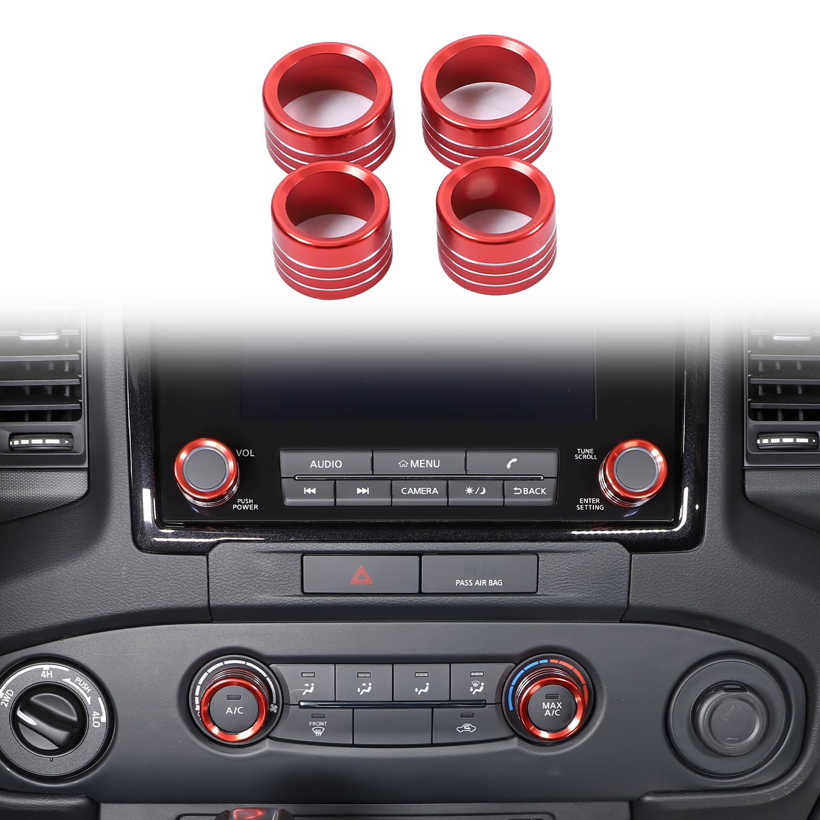 Photo 1 of ***only 2*** Center Console Air Conditioner Volume Knob Cover Compatible with Nissan Frontier 2022-2024, Car A/C Radio Switch Button Trim Ring Interior Accessories (Red)