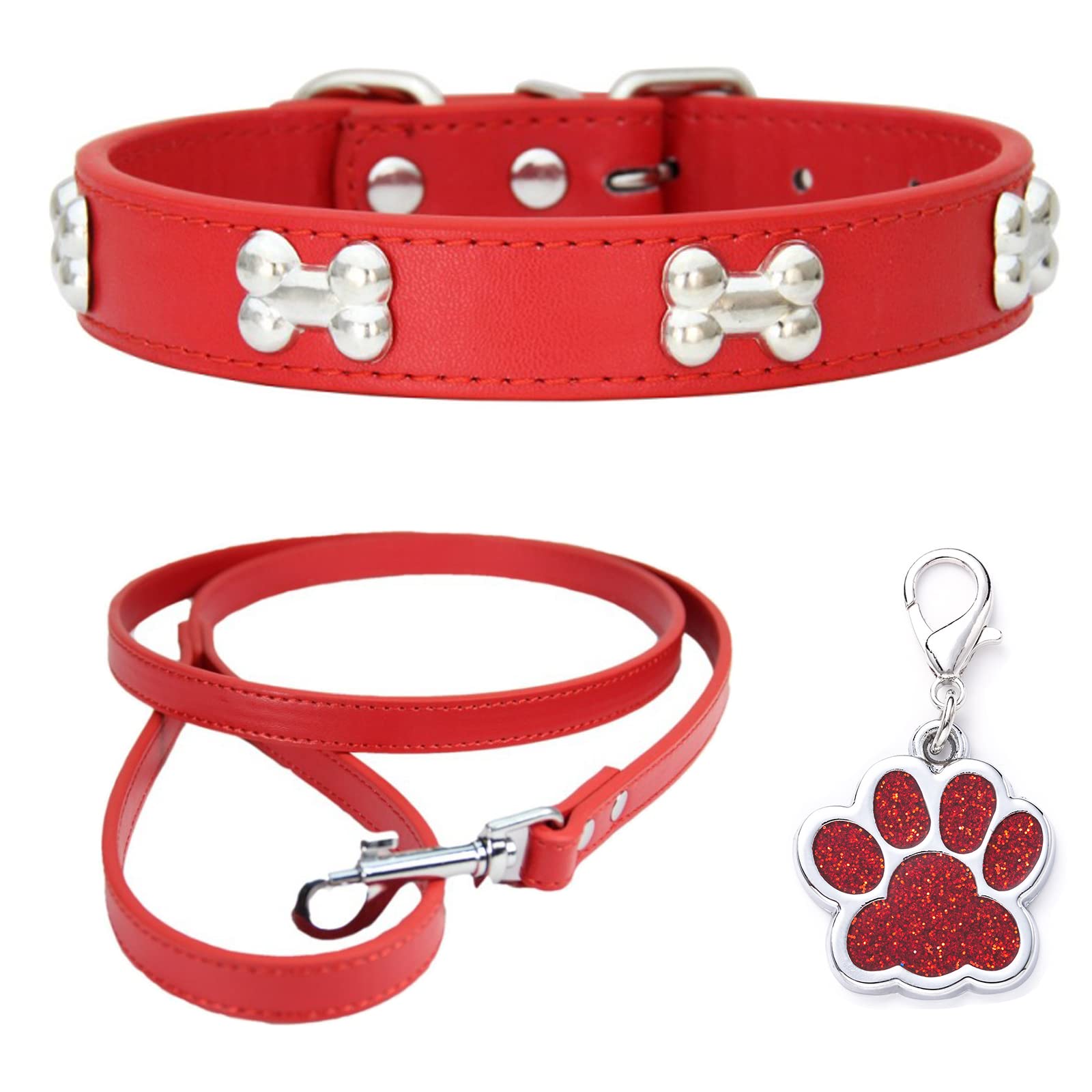 HALFSUMO Leather Dog Collar Dog Lead Combo Set Dog Collars Adjustable Puppy Collar for Small Medium Dogs Cats Red XS