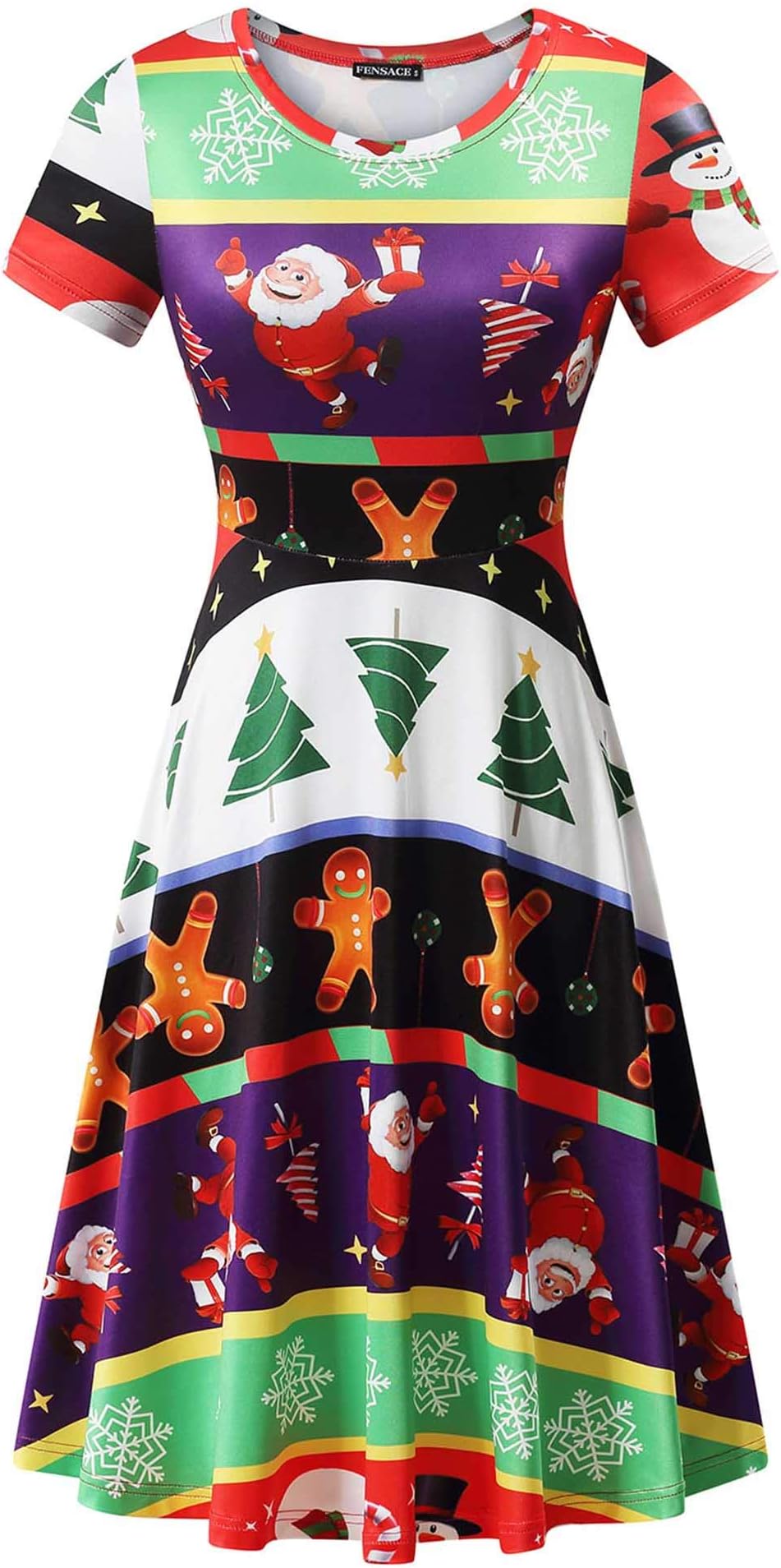 Womens Round Neck Short Sleeve Fit and Flare Skater Midi Casual Christmas Dress …