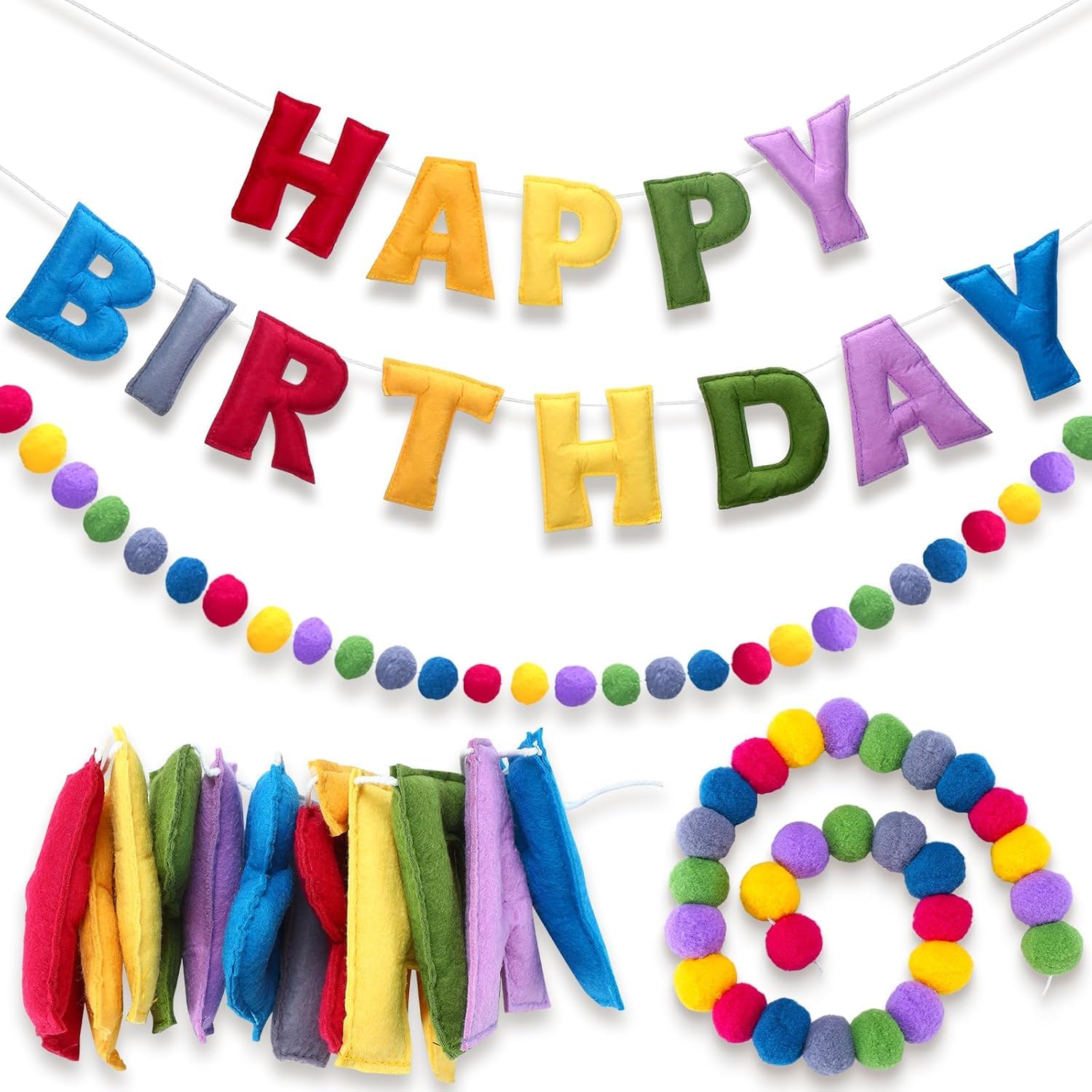 Pre-Strung Happy Birthday Banner - Felt Ball Garland - HAPPY BIRTHDAY Garland, Rainbow Birthday Decorations, Personalized Sign for Party Decor, Photo Prop (Colorful with Ball)