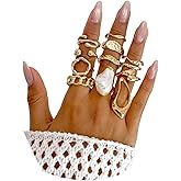 Navirix Chunky Stackable Finger Rings for Women Pearl Hollow Statement Knuckle Rings Set Irregular Liquid Metal Open Ring Trendy Adjustable Accessories