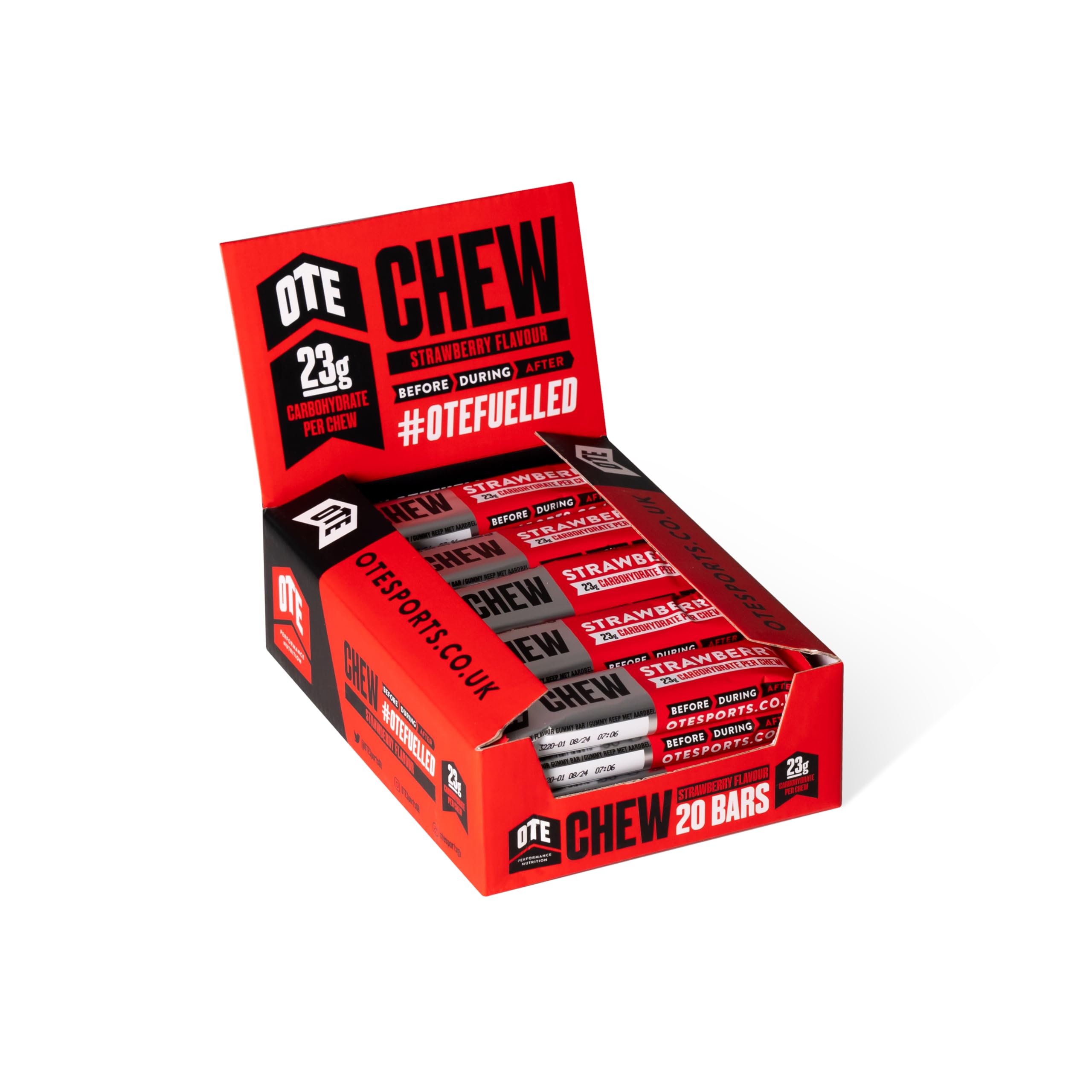 OTE Energy Chew with Electrolytes for Running, Cycling, Triathlon & Other Sports. All natural ingredients, vegan & gluten free, 23g of Carbs, 30g Energy Gummy Bar (20 pack) Strawberry.