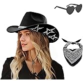 SHENYI Cowgirl Hat and Bandana and Heart Sunglasses Glitter Rhinestone Star Cowboy Hat Western Sparkly Hats for Women Men