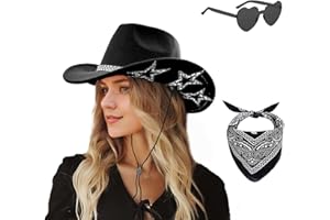 SHENYI Cowgirl Hat and Bandana and Heart Sunglasses Glitter Rhinestone Star Cowboy Hat Western Sparkly Hats for Women Men