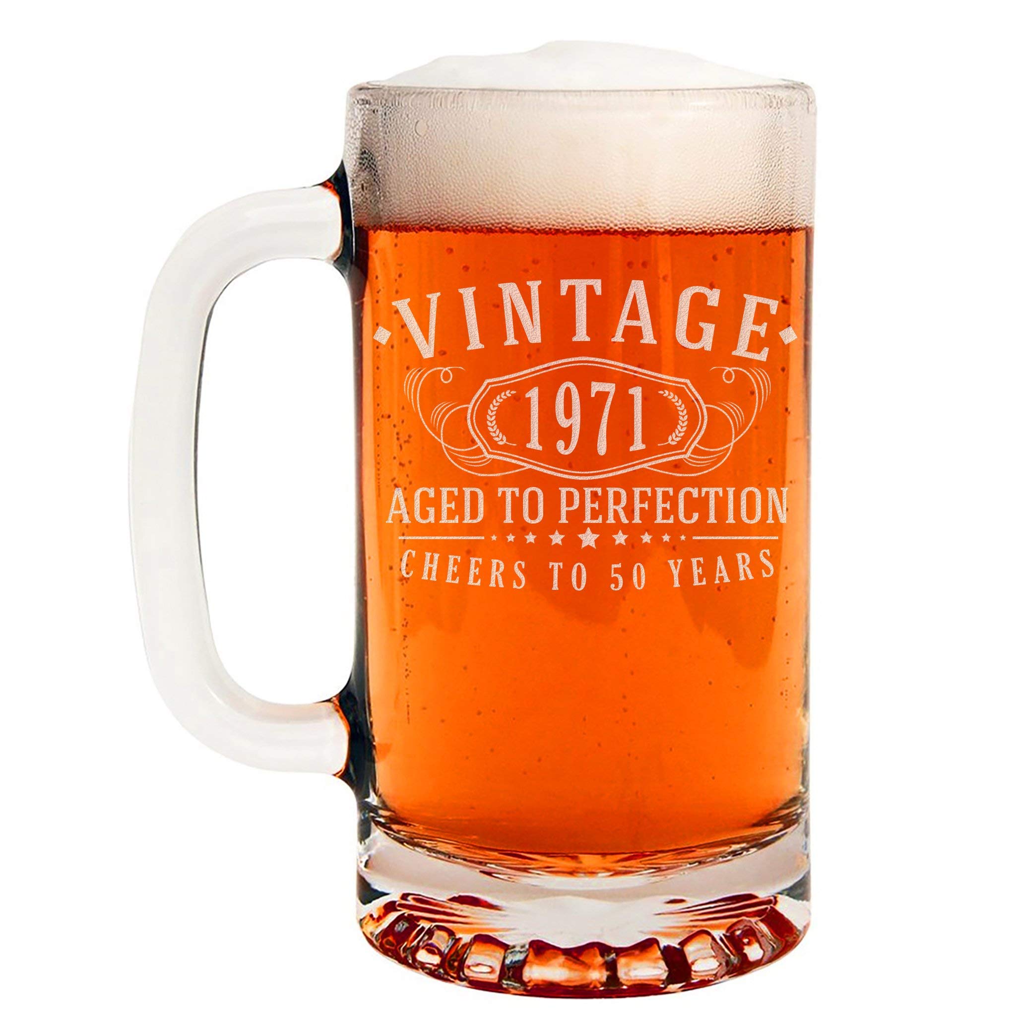 Vintage 1971 Etched 16oz Glass Beer Mug - 50th Birthday Aged to Perfection - 50 years old gifts