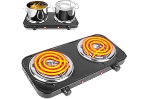 TeqHome Hot Plate, 2000W Portable Electric Stove for Cooking with 5 Levels Adjustable Temperature & Dual Control, Countertop Double Coil Burner Cast Iron Cooktop for All Cookwares Home Camp RV (Black)