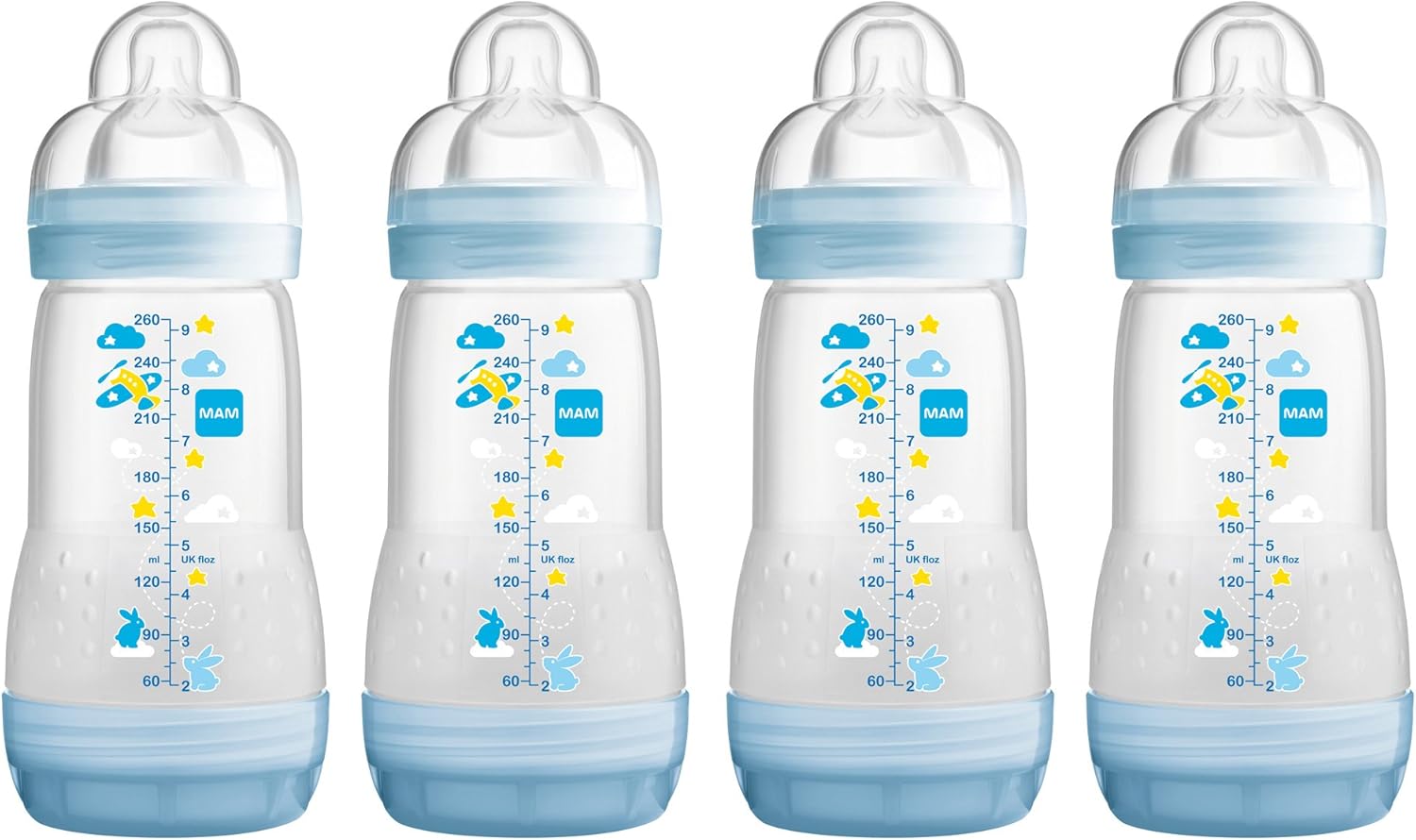MAM SelfSterilising Anti Colic Bottle (260 ml, Pack of 4, Blue