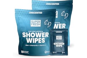 SUPER & FRESH CO. Super Fresh Shower Wipes Large Unscented Body Wipes for No Rinse Bathing Personal Hygiene Gym Travel or Camping Enriched with Aloe and Vitamin E 20 Individually Wrapped Disposable Sheets