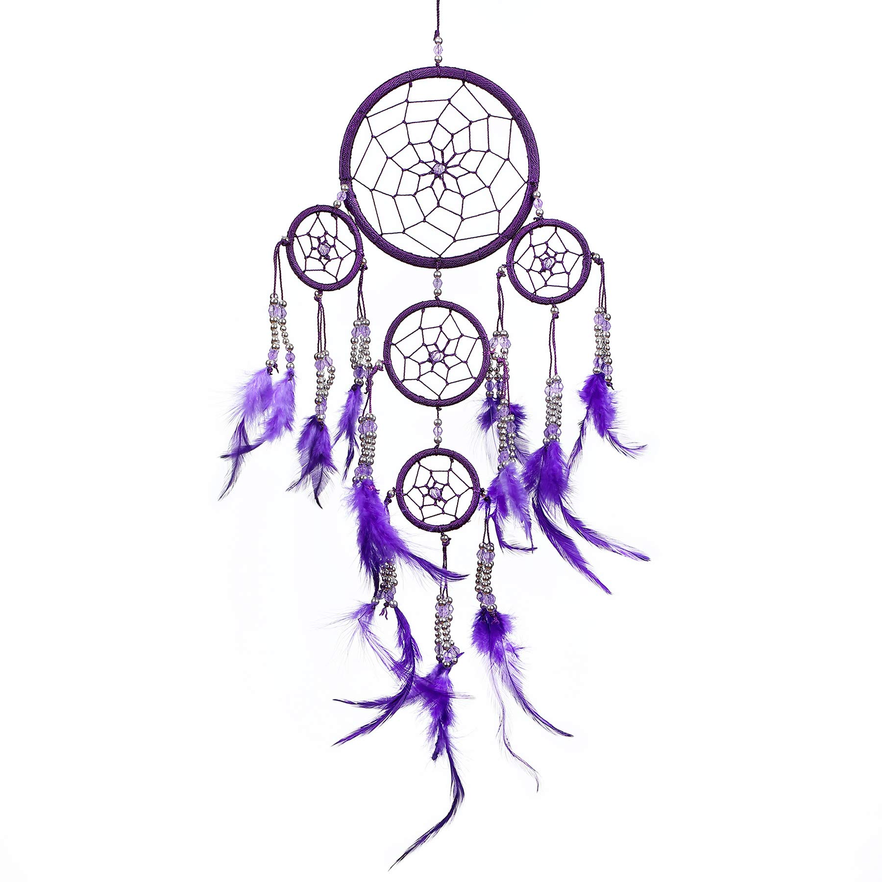 Pink Pineapple Handmade Bohemian Dream Catcher Ethical Hanging Dreamcatcher Wall Art with Feathers and Silver Beads Traditional Crochet Design - 12cm Wide, 35cm Long (Purple)