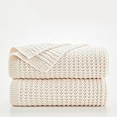 Douceur Cream Throw Blanket for Bed, Soft Chunky Cable Knit Throw Blanket, Classic Fisherman's Rib Stitch Pattern Throw for Living Room,60"X80"