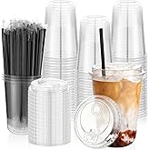 tchrules 100 Set 16oz Clear Plastic Cups with Elevated Dual-hole Lids & Straws, Disposable Round Bottom Iced Coffee Cups Bulk, Plastic To Go Cup for Cold Drinks Slushie Smoothie Party Picnic Supplies