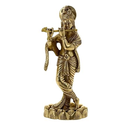 Dieu Hindou Krishna Sculpture Sur Fleur De Lotus Brass Metal