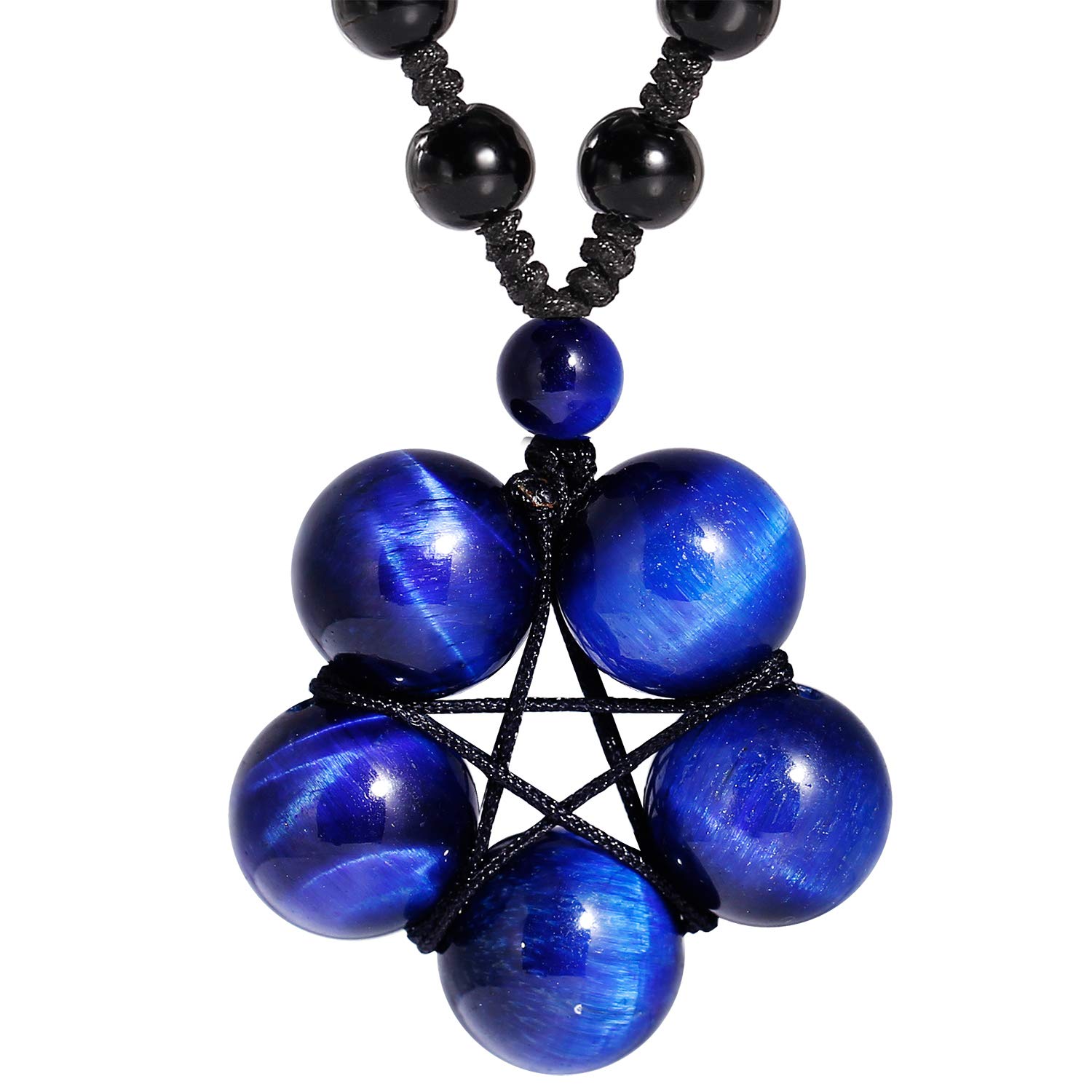 Jewboo Tiger Eye Necklace Pendant Handmade Star-Shape Adjustable Energy Gemstone Healing Crystal 12mm Beads Unisex(Blue)