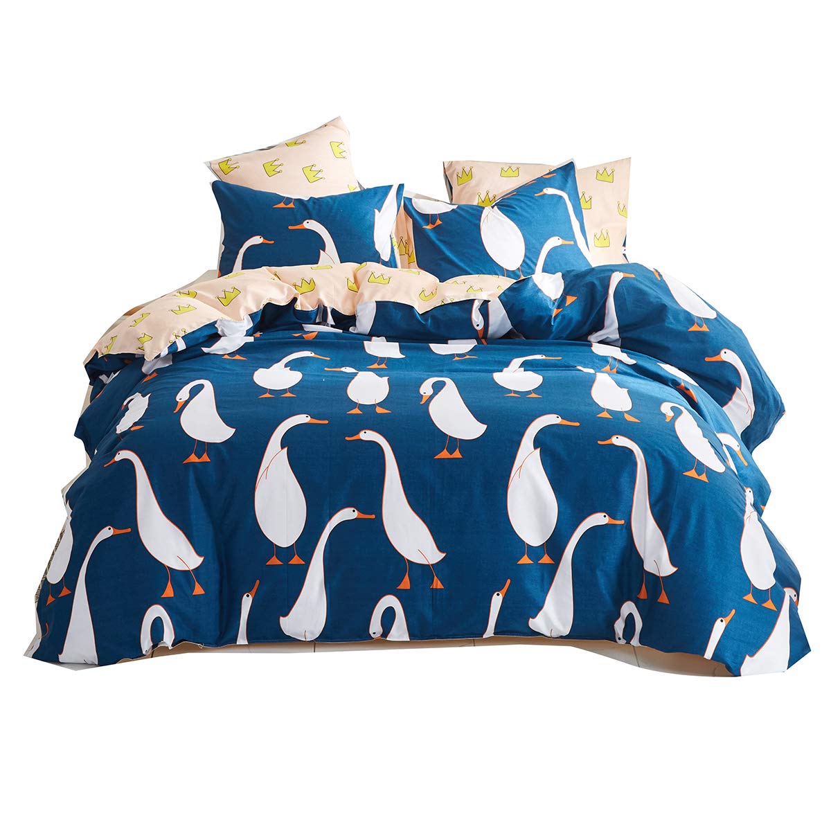 Uozzi Bedding Queen Duvet Cover Set Goose Pattern 100% Cotton Dark Blue Comforter Cover Reversible Print for Boys,Teen, Girls, Premium 3PC Hypoallergenic Cute Soft Bedding Set (NO Comforter)