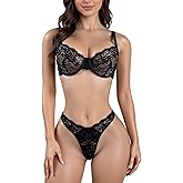 ssgrlvok Women 2 Piece Lingerie Sexy Underwire Floral Lace See Through Bra and Garter