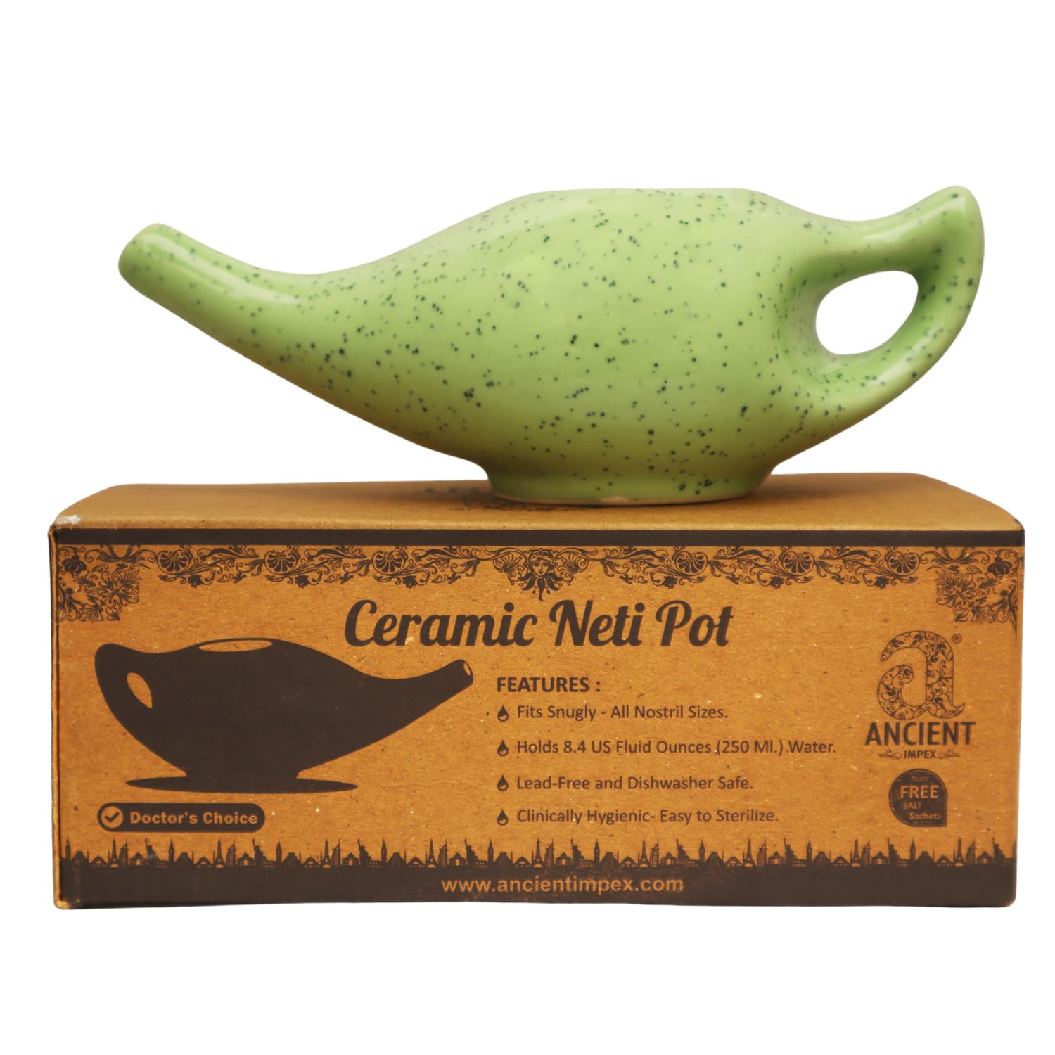 Ancient IMPEX Ceramic Neti Pot 250 ml (Green Freckle) with 5 Neti Salt Sachets | Nasal Rinse Pot for Sinus Drainage, Congestion, Allergy & Natural Nasal Cleansing