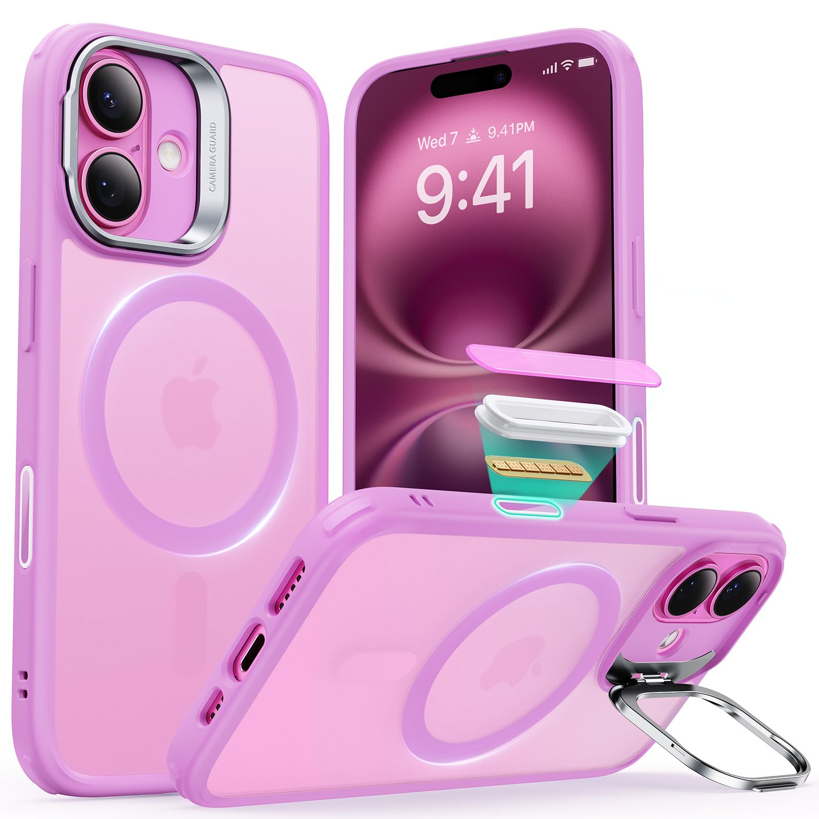 Photo 1 of ESR for iPhone 16 Plus Case, Camera Control Button Compatible with MagSafe, Military-Grade Protective Case, Built-in Stash Stand Phone Case, Scratch-Resistant Back Cover, Classic Series, Frosted Pink