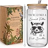 Retro Raccoon Cartoon 16oz Glass Cup with Lid and Straw Christmas Gifts for Men Women Best Friend - You're Either A Smart Fella or Fart Smella, Funny Raccoon Birthday Presents for Boyfriend Girlfriend