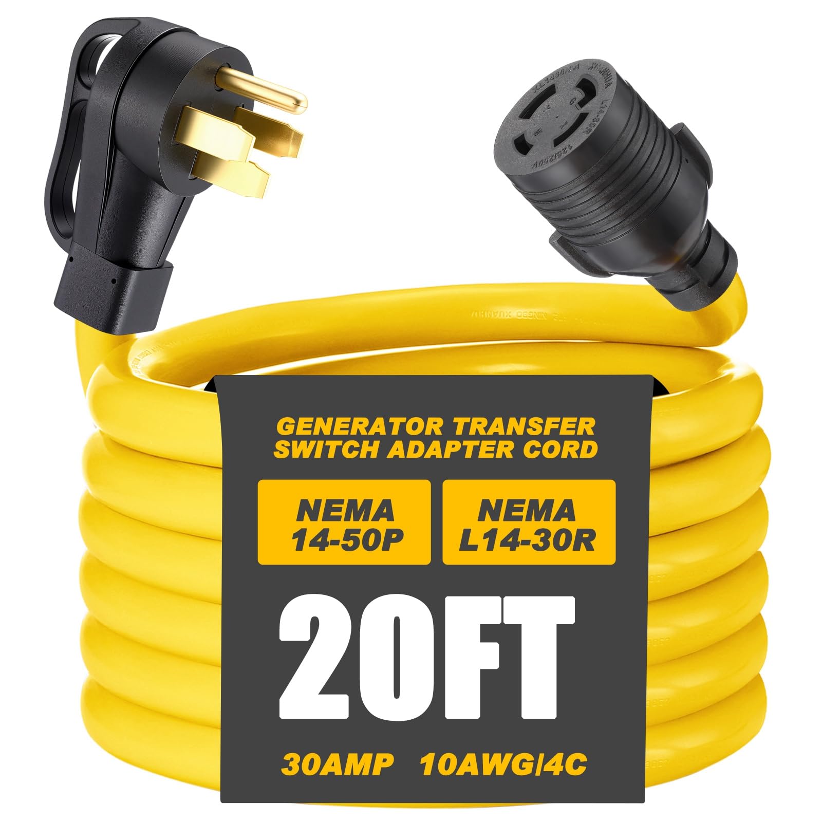 Photo 1 of Kanayu 20FT Generator Transfer Switch Adapter Cord Compatible with NEMA 14-50P to L14-30R, 4 Prong 50Amp to 30 Amp Generator to House Inlet Box Adapter, STW 10 AWG, ETL Listed